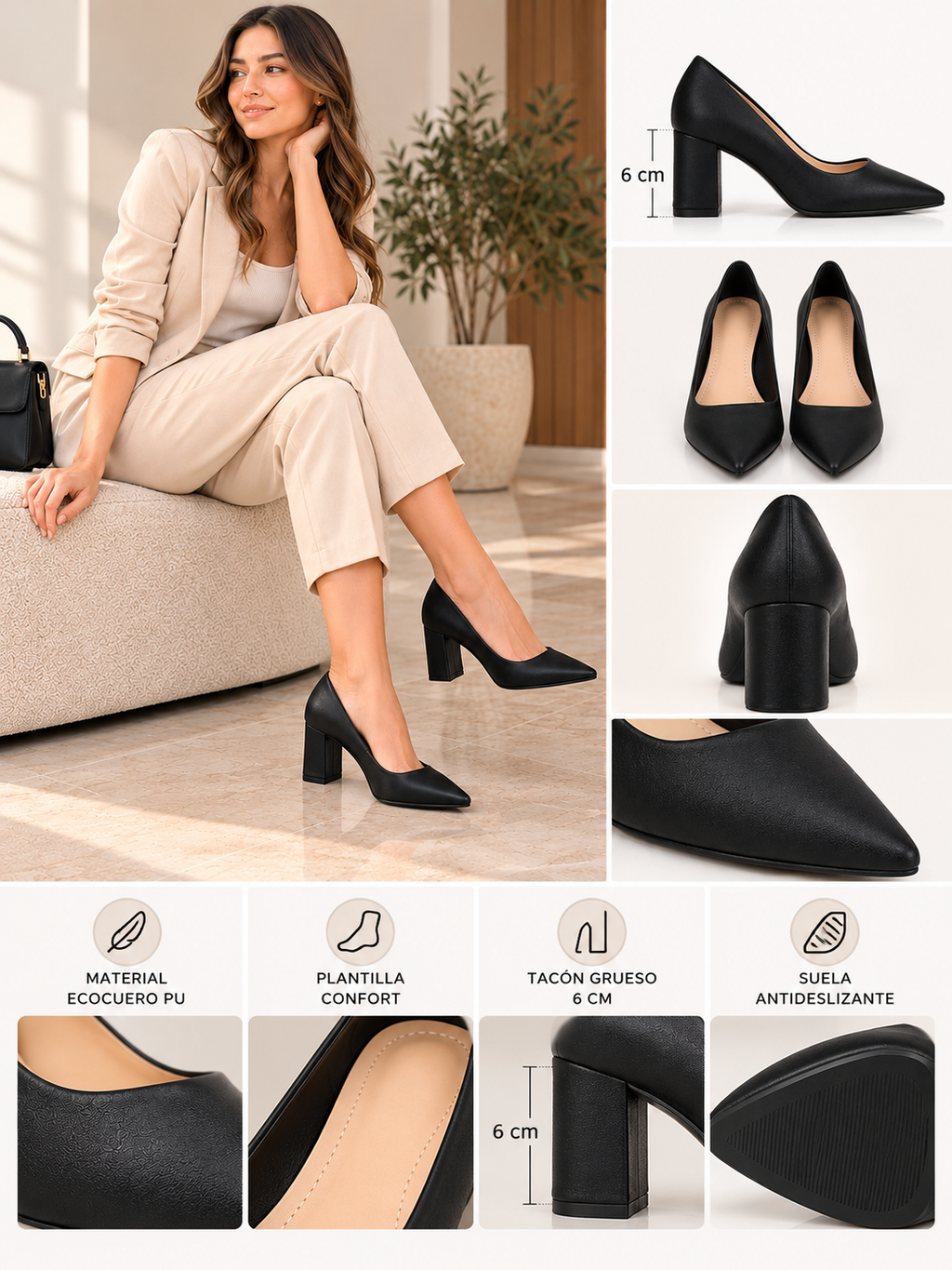 Tacones Mujer Negros Elegantes Ecocucero Punta Estileto