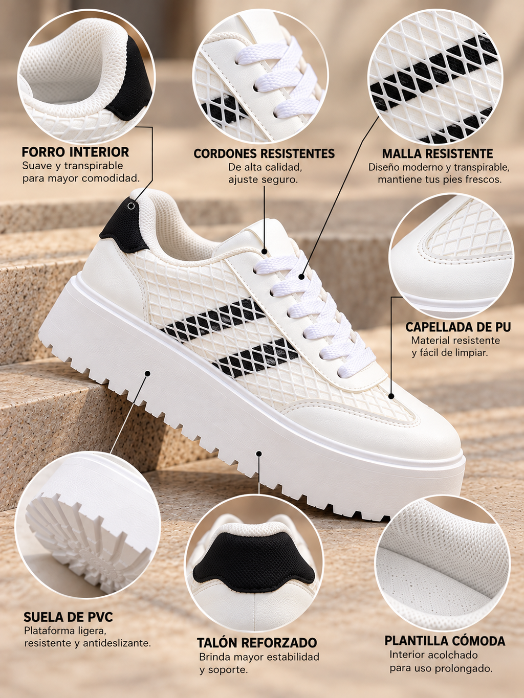Zapatillas De Mujer Blancas Con Plataforma y Malla