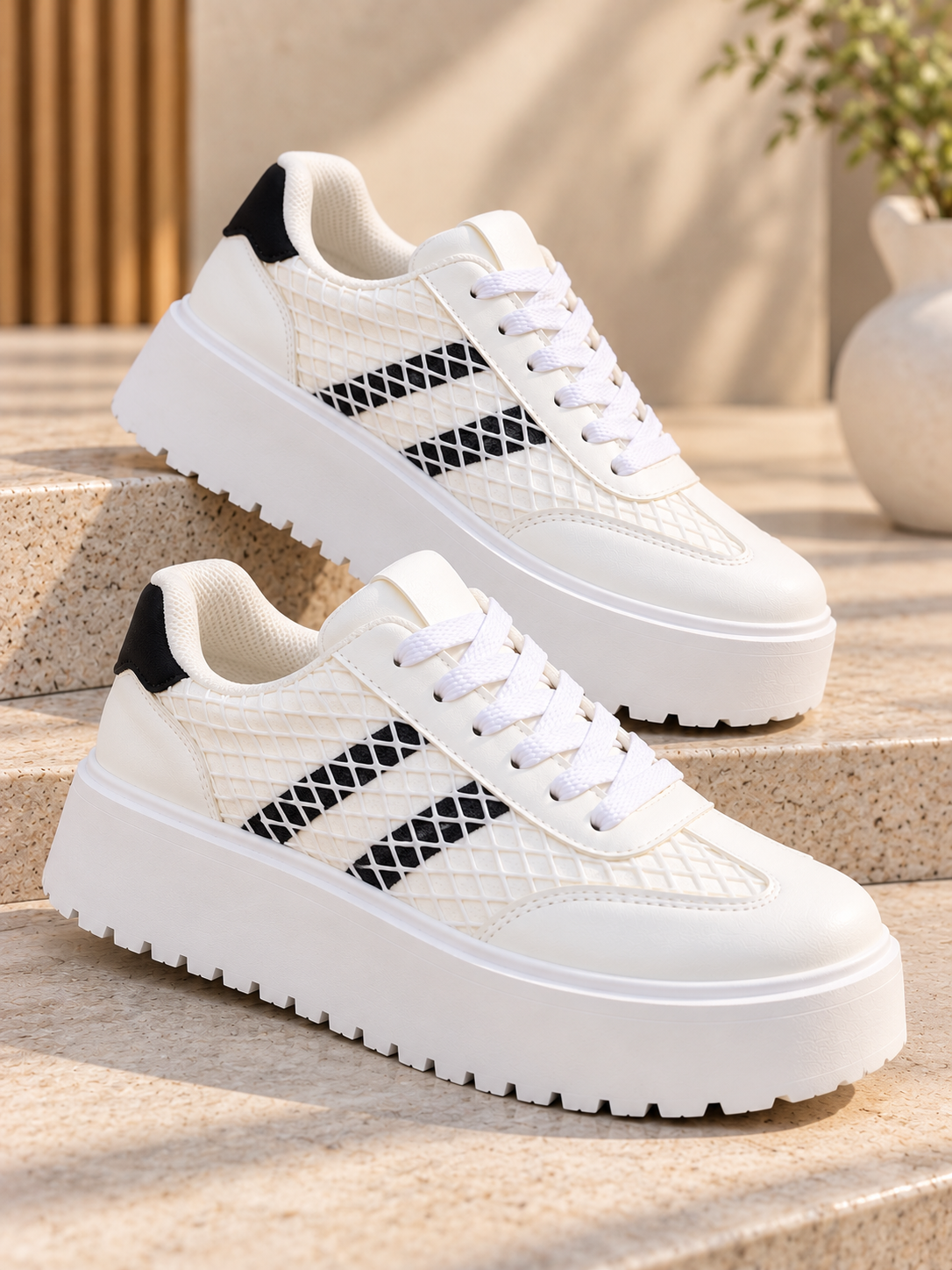 Zapatillas De Mujer Blancas Con Plataforma y Malla