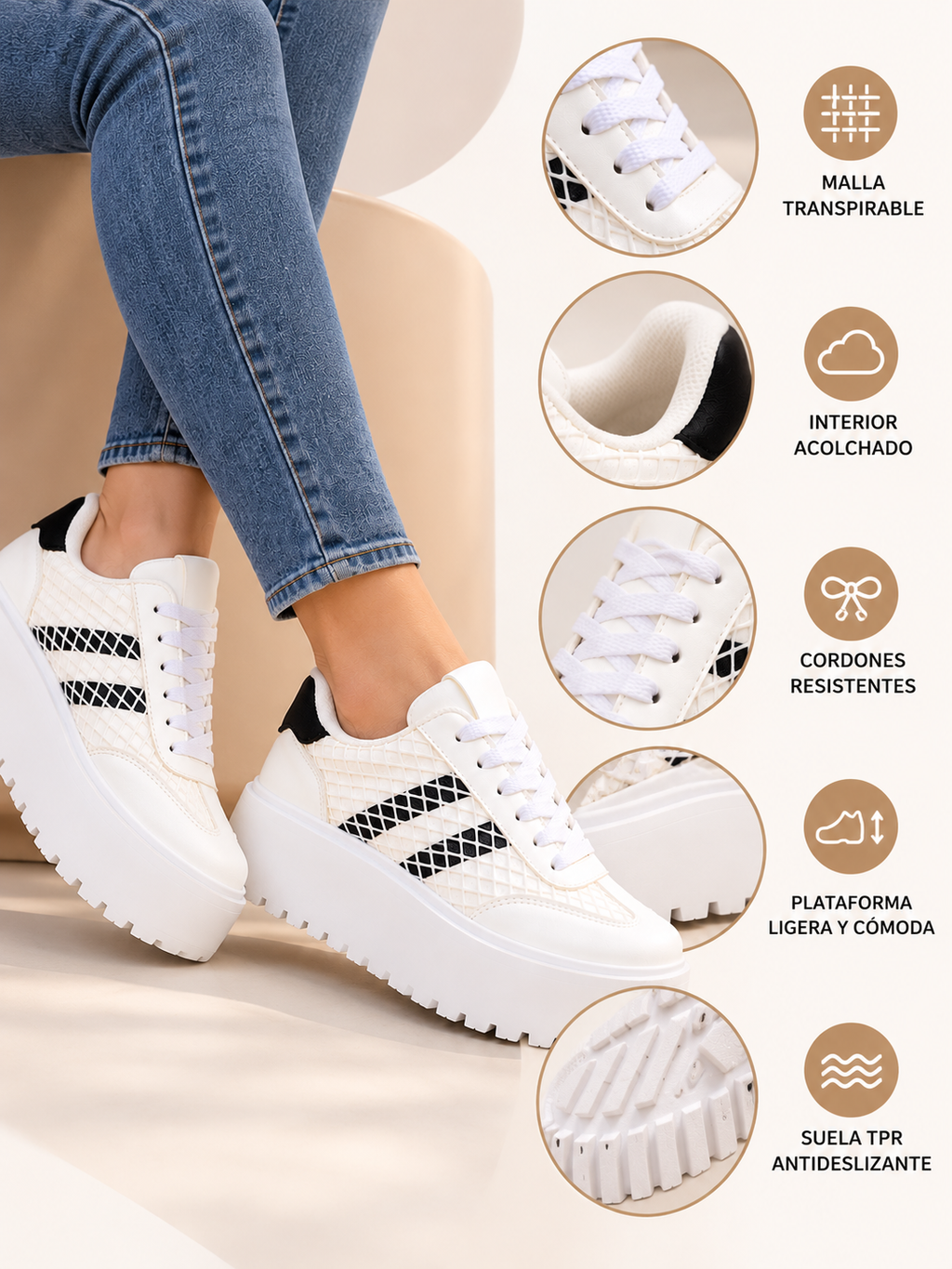 Zapatillas De Mujer Blancas Con Plataforma y Malla